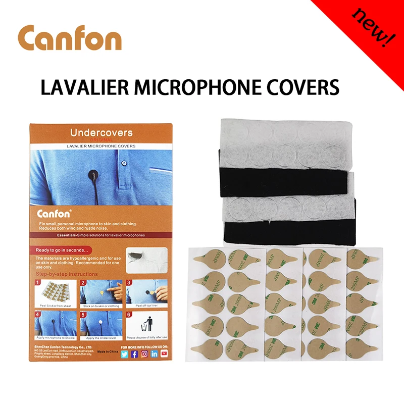 Canfon Mic Undercover with 40 Stickies and 40 Fabric Discs for hiding Lavalier Mic and Reduce wind noise, 20 of Each Black/White