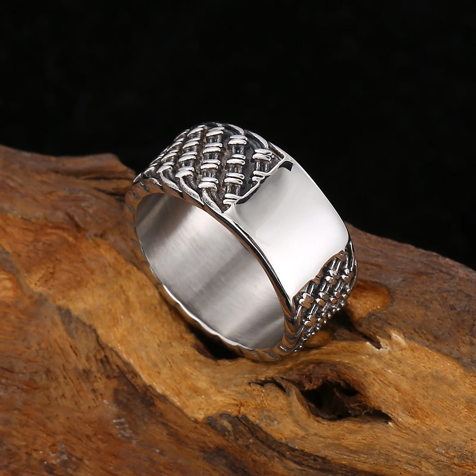 Kalen Punk 10mm Weave Pattern 316L Stainless Steel Men\'s Ring Vintage Jewelry Wide Accessories