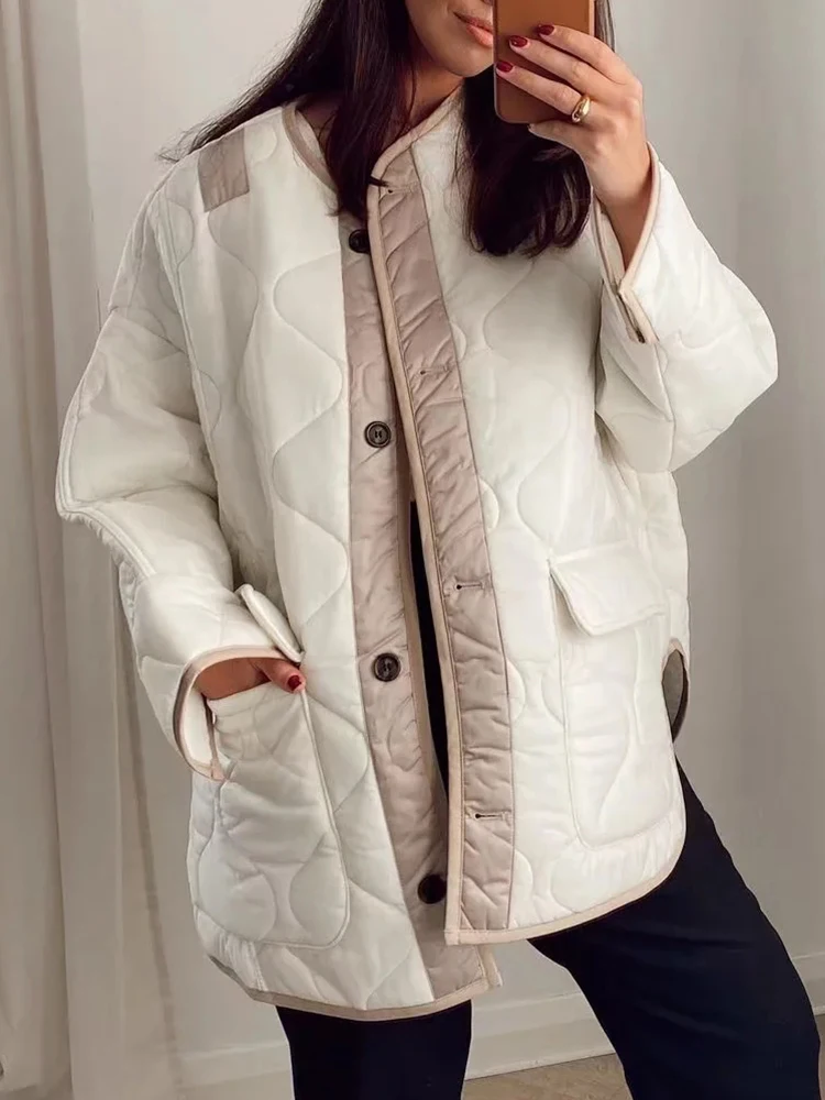 

PUWD Oversize Women Panelled Stitching Double-sided Plaid Quilted Cotton Jacket2021Winter Pocket Parka Loose Female Chic Outwear