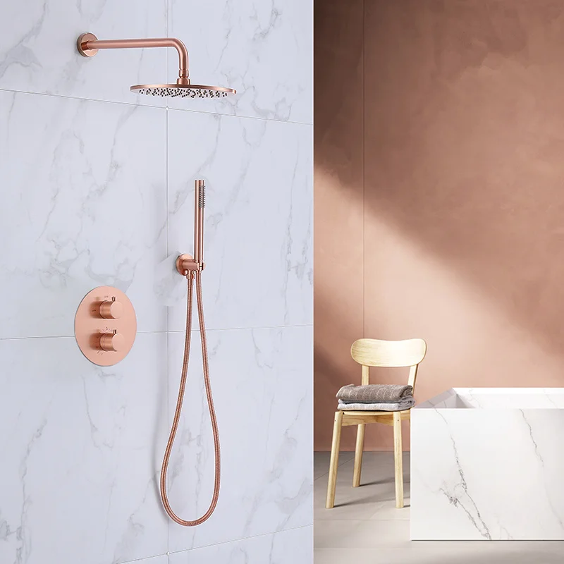 

Rose Gold Brass Shower Faucets 10" Rainfall Shower Head Bathroom Shower System Diverter 2 Ways Thermostatic Valve Shower Set