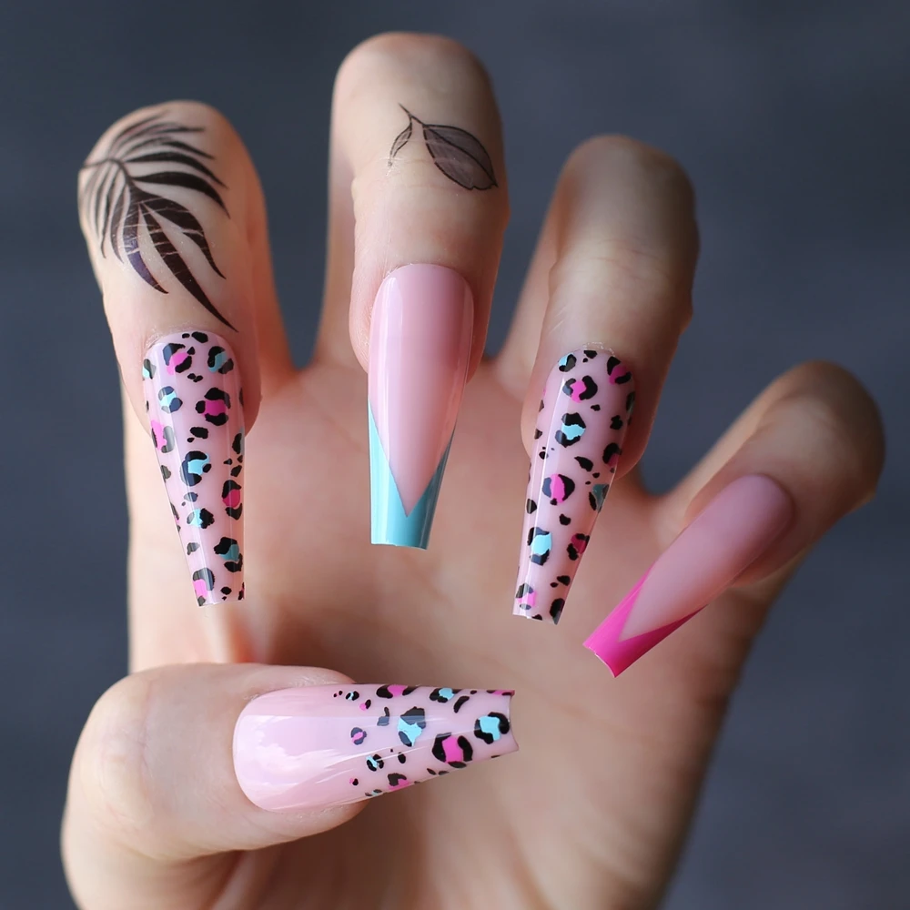 Pink cheetah extra Coffin Artificial false nails Ballet Candy Leopard French Blue Fake nails Nude press on nails