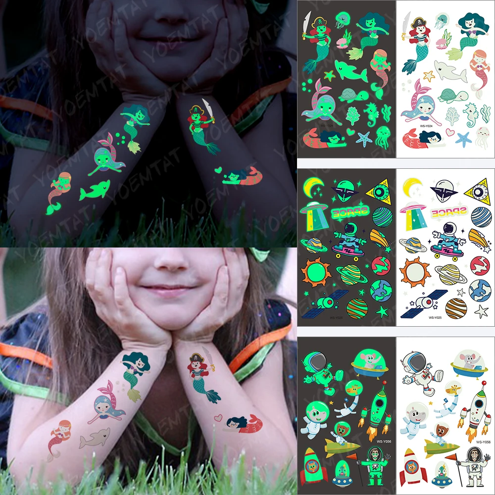 

Waterproof Temporary Tattoo Stickers Kids Luminous halloween Tatoo Whale Mermaid Pirate Stars Sea Turtles Cartoon Fake Tatto