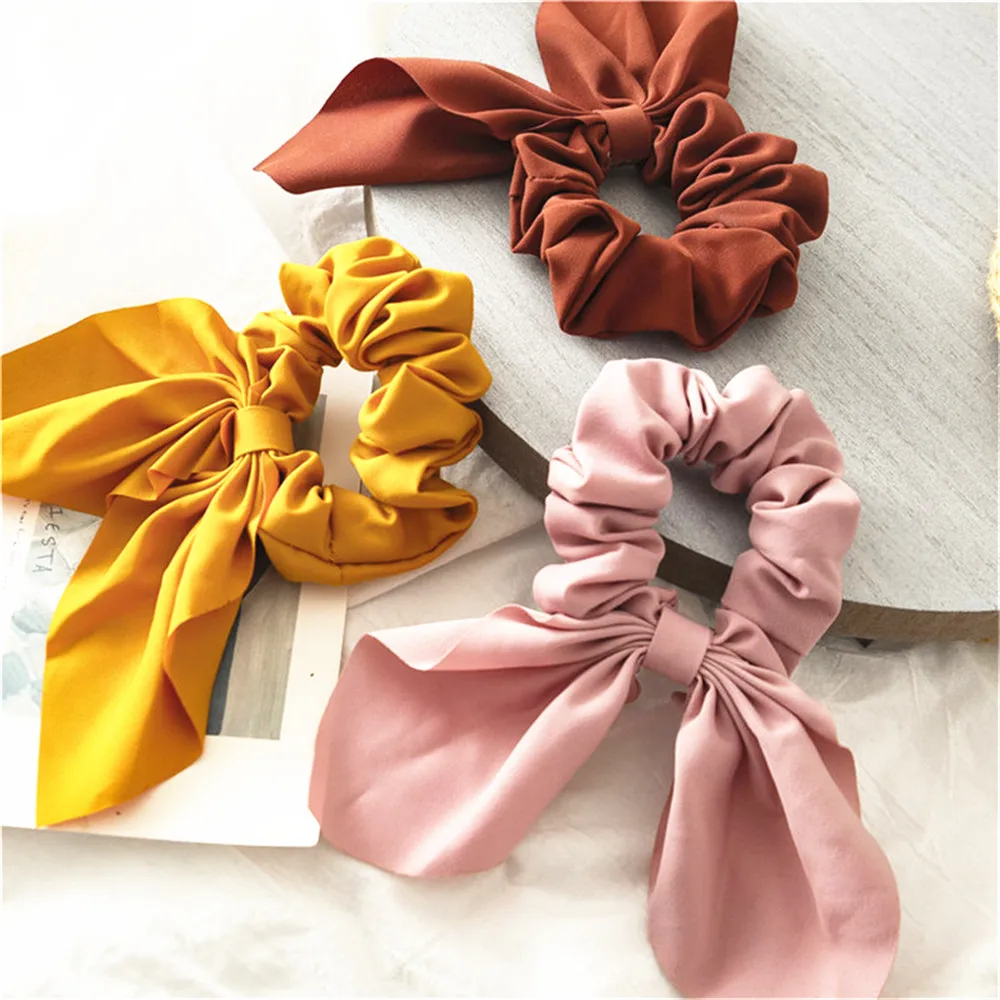 Hot Bow Streamers Hair Ring Fashion Ribbon Hair Bands Scrunchies Horsetail Tie Solid Color Headwear Hair Accessories For Girl