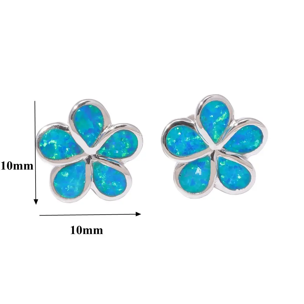 CiNily White & Blue Fire Opal Stud Earrings Silver Plated Flower Flora Gardenia Bohemia Boho Summer Chic Jewelry Gift Woman Gift