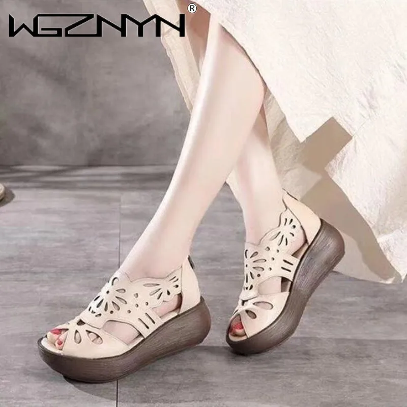 Summer Sandals Women 2023 New Genuine PU Leather Ladies Sandals Platform Women\'s Shoes Casual Retro Open Toe Shoes Sandals Women