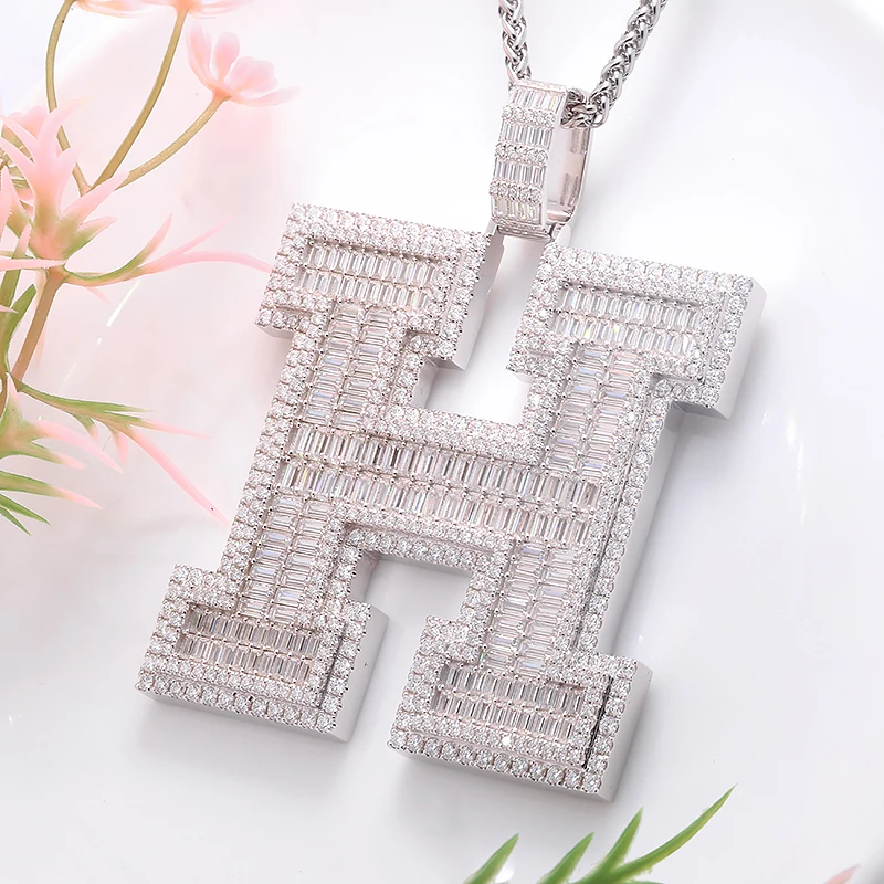 Custom Brush Cursive Letter Iced Out Baguette Moissanite Pendant Necklace Hiphop Rapper Punk Jewelry For Men Gift