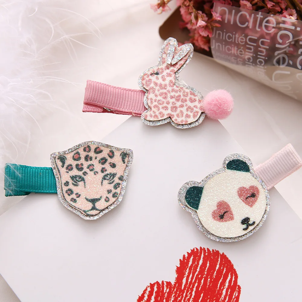 Boutique 15pcs Fashion Cute Glitter Leopard Panda Pom Pom Rabbit Hair Clips Animal Hairpins Princess Headwear Hair Accessories