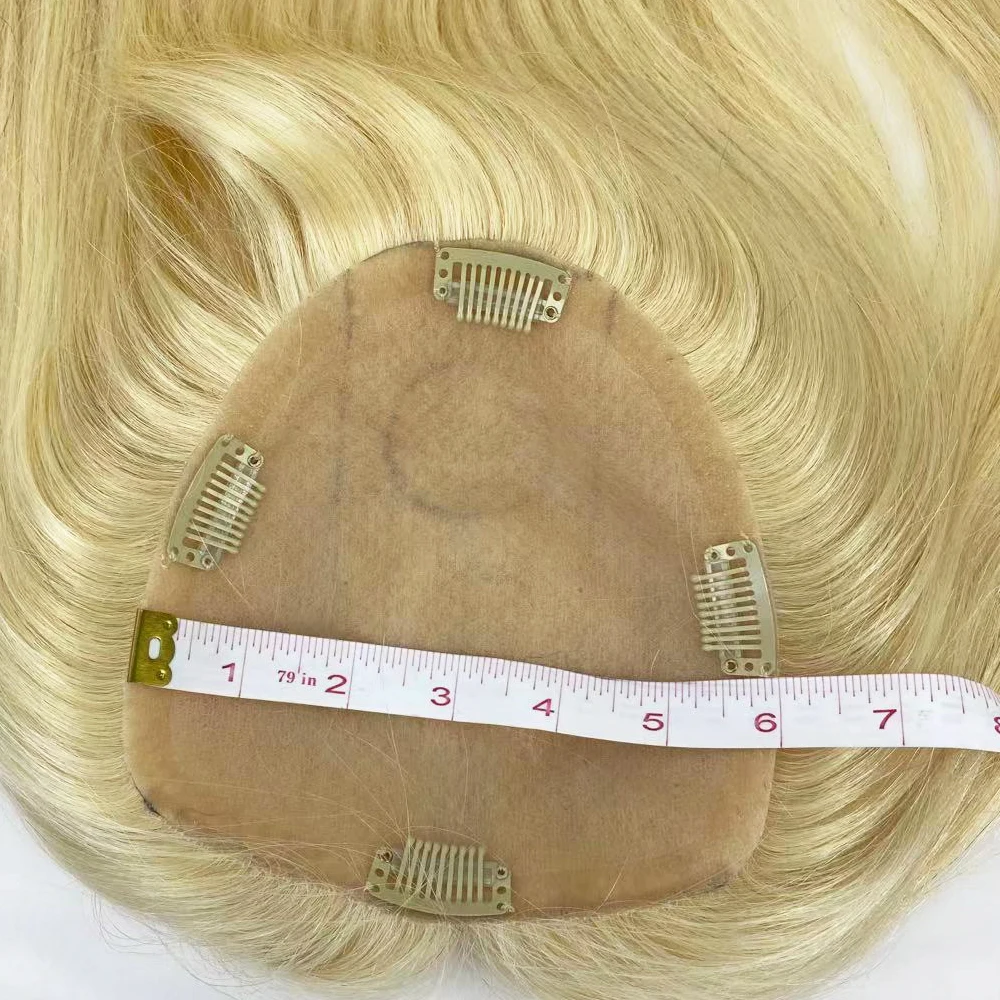 Ash Blonde European Remy Human Hair Topper #613 Natural Scalp Skin Base Women Toupee with 4 Clips Ins Size 5X5  6X6 5X7inch