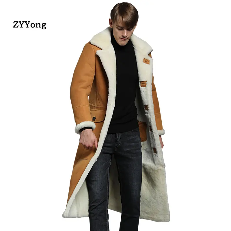 New Fur Collar Sheep Leather Jacket Men Winter Yellow Suede Long Jacket Fleece Warm Bomber Coats Male Outwear Pocket XXXXL