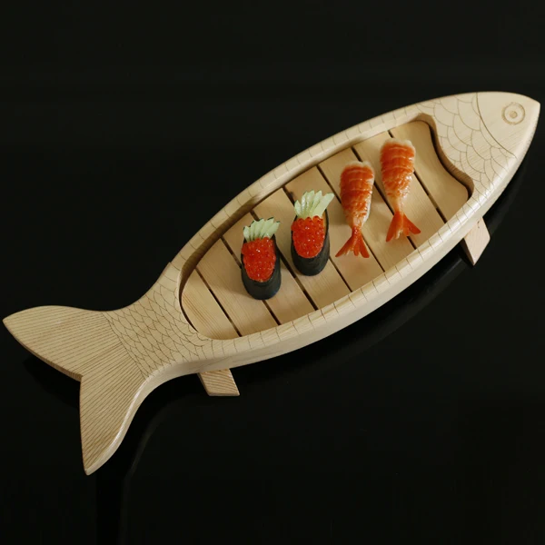 

Featured Japanese sushi plate seafood wooden platter fish shaped fish slice restaurant Korean cuisine wood dish tableware