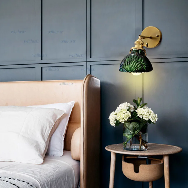 Retro Green Glass Wall Lamp Light Nordic Brass  Wall Sconce Porch Corridor Restaurant Hotel Bedside Exquisite Vintage Lighting