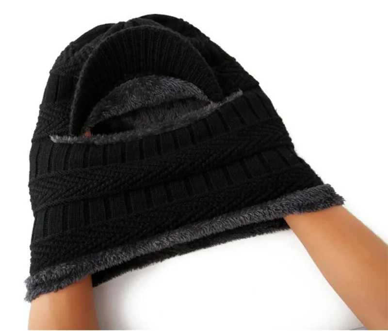 Conjunto de cachecol de inverno para homens e mulheres, malha quente, de pelúcia, com capuz, cachecol com aba, viseira masculina, gorros adultos,