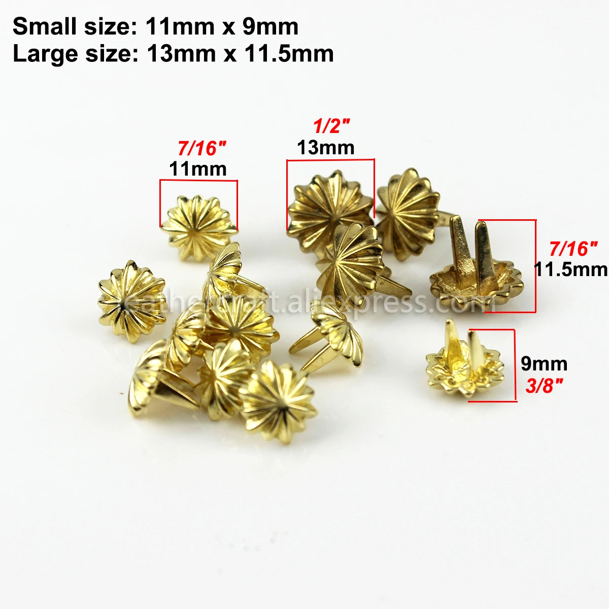 10Pcs High Quality Solid brass chrysanthemum prong conchos staples for leather bracelet belt decor Bag Strap Snap Hook 11mm/13mm