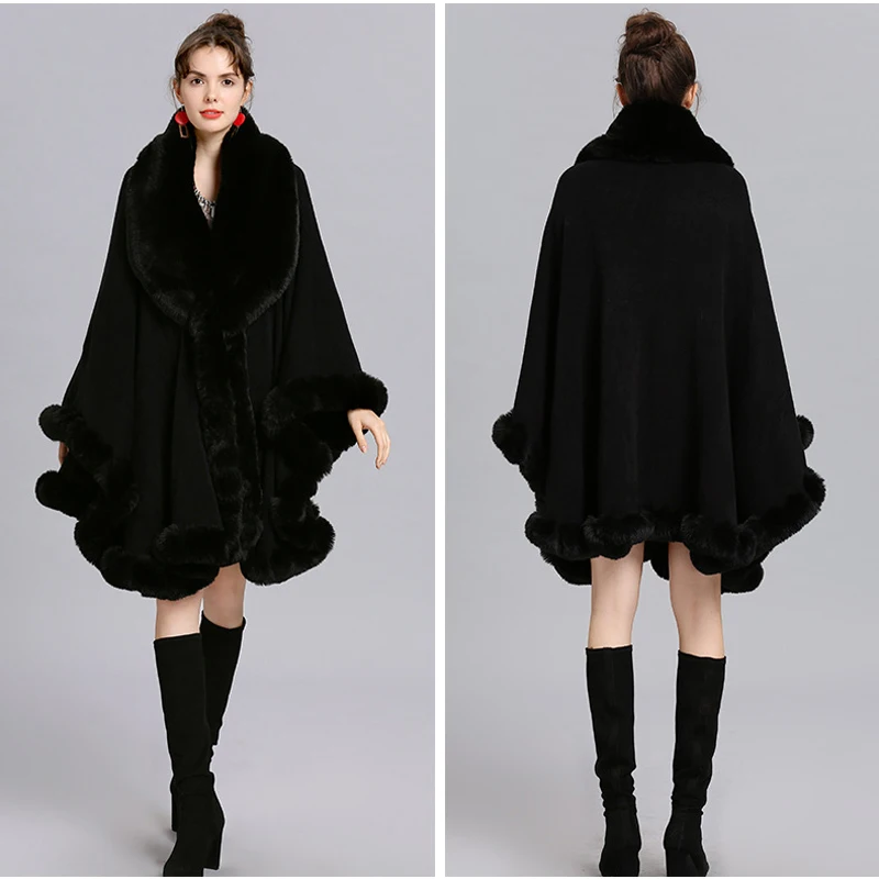 Elegante V-Revers Faux Rex Kaninchen Pelzmantel Cape Winter Frauen Große Lange Schal Volle Trim Pelz Stricken Mantel Mantel Parka 2023 neue