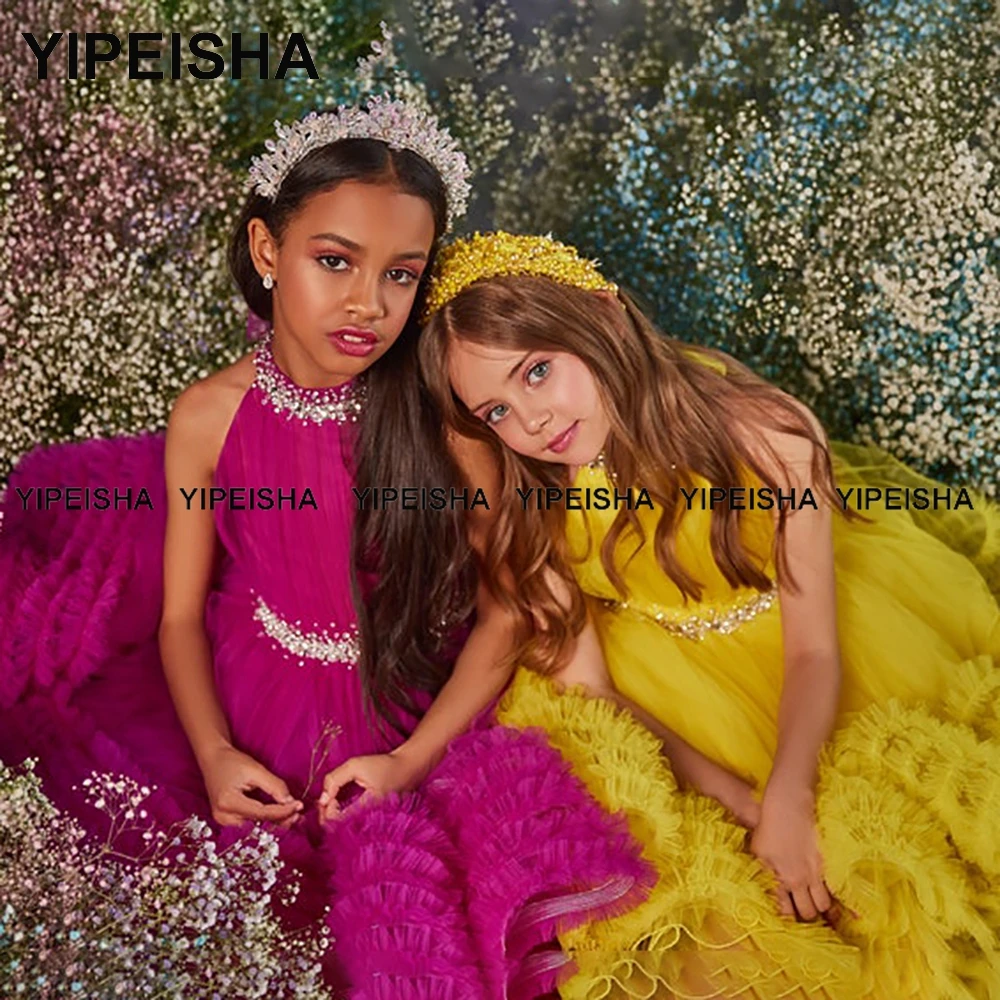 Yipeisha-vestido de princesa con cuello Halter amarillo para niña, vestido de flores con gran abalorios hasta la rodilla, para baile de graduación, vestidos para desfile para niña