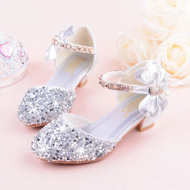 2019 Girls Bow-knot Princess Shoes With High-heeled, Kids Glitter Dance Performance Summer Shoes, Purple , Pink & Silver 26-38