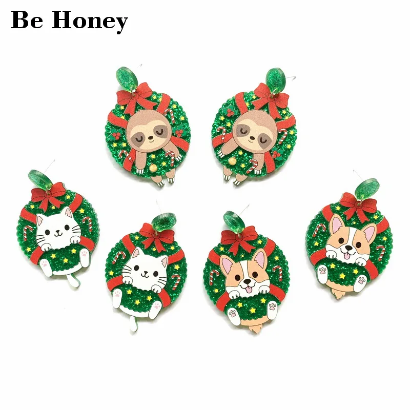 Cute Animals Bradypod White Cat And Corgi Glitter Green Christmas Wreath Acrylic Stud Earrings For Women Lovely Holiday Jewelry