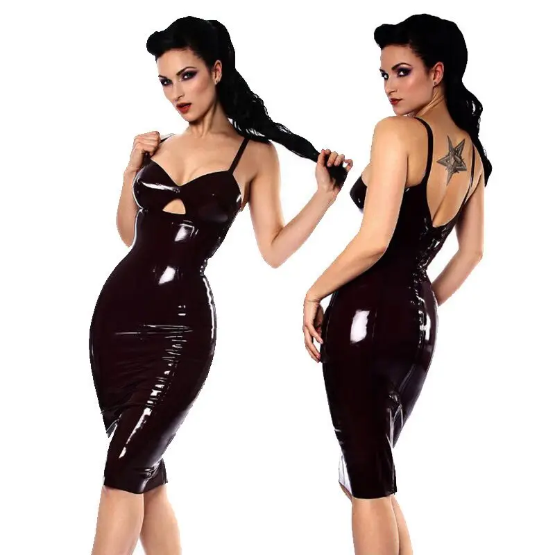 

Women Sexy Wetlook Leather Sheath Dress Backlesss Erotic Porn Hollow Out Bra Style Bag Hip Glossy Shaping Latex Waist Midi Dress