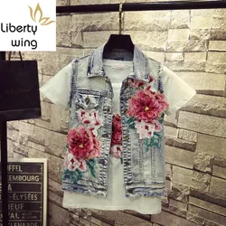 Spring Summer Embroidery Denim Vest Women Fashions Hole Ripped Flower Customize Streetwear Long Sleeve Jean Jacket