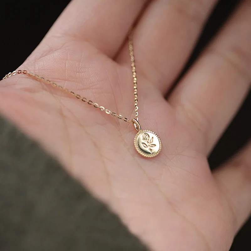 HI MAN 925 Sterling Silver Simple Rose Coin Pendant Necklace Women Plated 14K Gold European Sweet Love Jewelry Gift