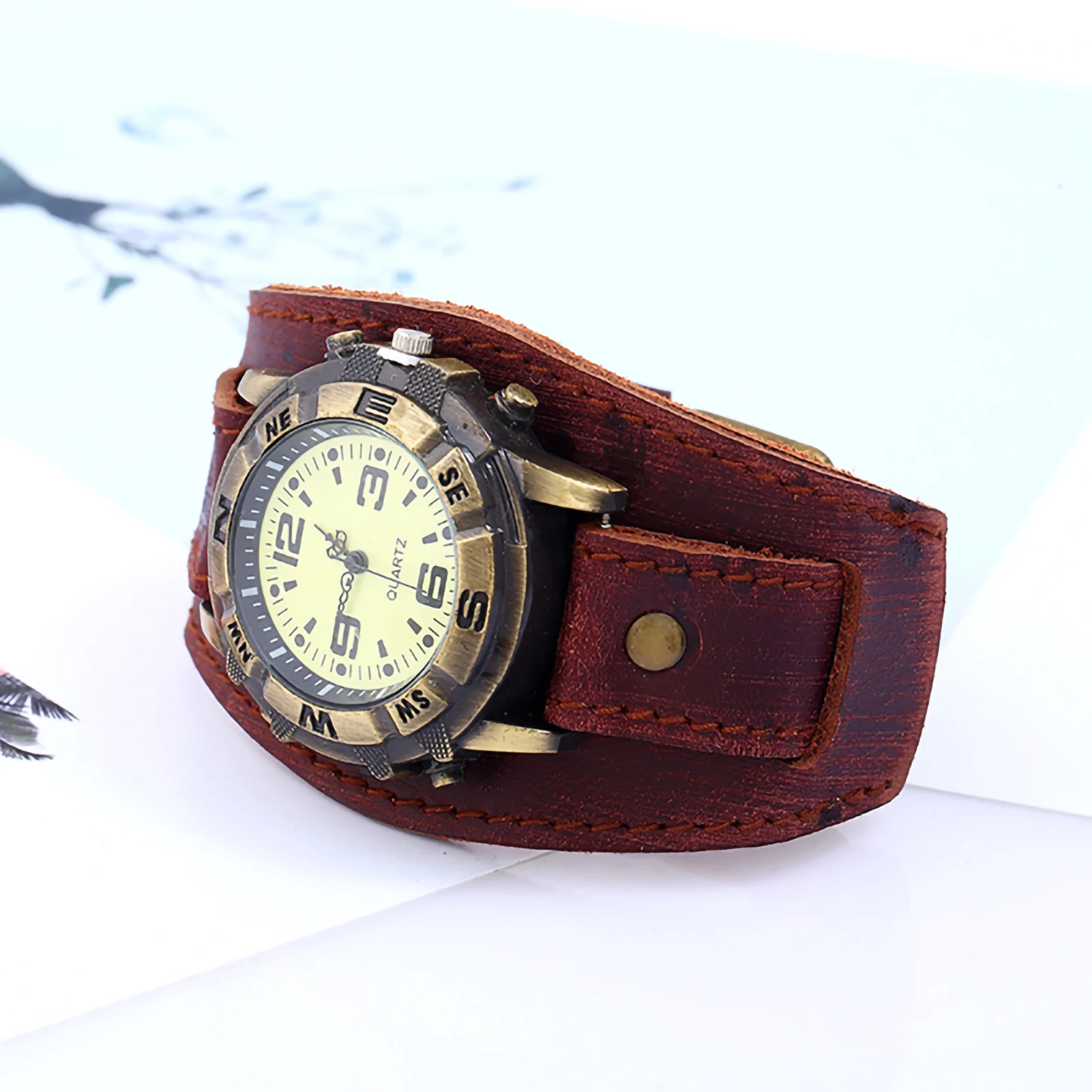 Jam tangan kuarsa gelang Punk antik jam tangan kuarsa Dial bulat kulit imitasi desain angka kasual jam tangan pasangan Reloj de pulsera