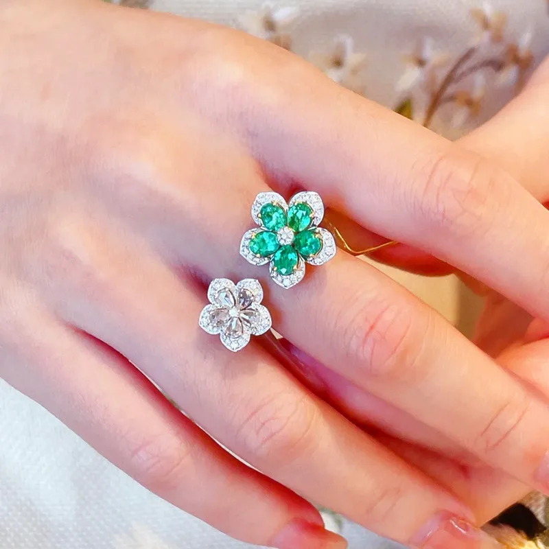 Beautiful White Green Flower Rings With Shinning Rhinestones Female New Fashion Open Ring