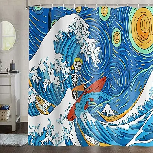 Wave Starry Sky Funny Sugar Skull Surfing Hawaii Summer Japan Mount Fuji Natural Landscape Ukiyoe Colorful Art Shower Curtain