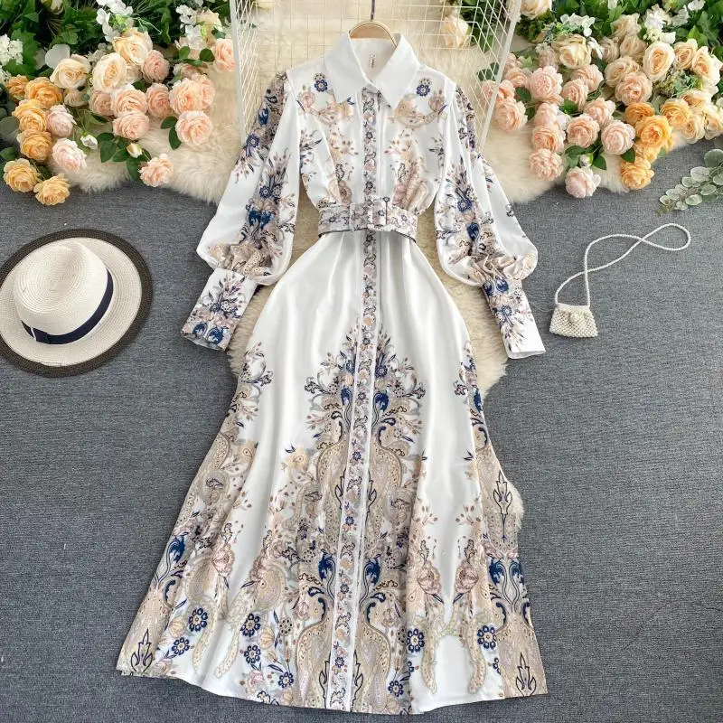 2021 Spring Vintage Court Style Puff Sleeve Party Long Dress with Belt Printed Elegant Slim Boho Formal Club Evening Long Dress