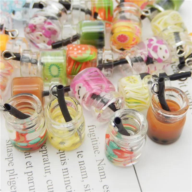 Julie Wang 10PCS Glass Bottle Charms Random Mixed Resin Fuit Flower Juice Milk Tea Pendant Bracelet Jewelry Making Accessory