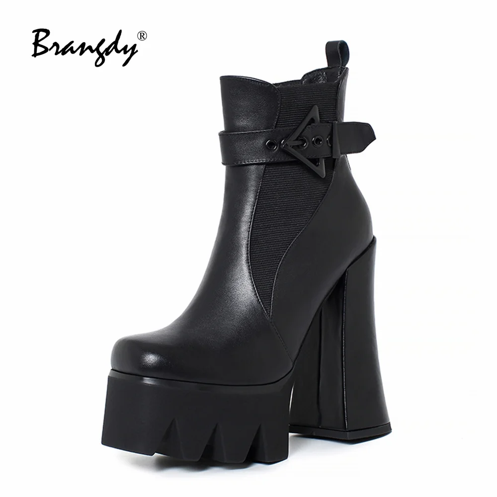 

Brangdy Retro Women Thick Heel Pumps Genuine Leather Platform Square Toe Elastic Women Shoes Splicing Women Winter Ankle Boots