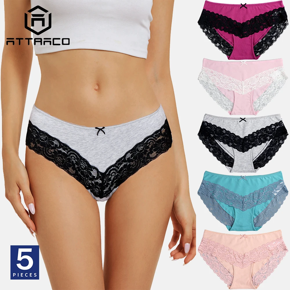 ATTRACO Women's Cotton Underwear Panties 5 Pack Briefs Low-Waist Lace Trim Soft Strech Comfort Hipster