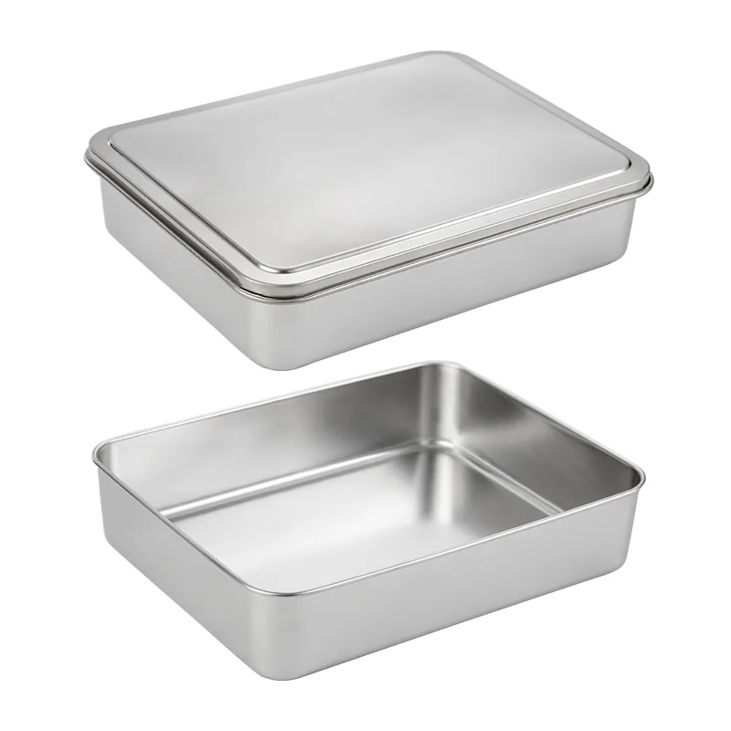 Thick Stainless Steel Food Storage Tray with Lid Rectangular Baking Pan Restaurant Vegetable Fruit Plates Kitchen Organizer