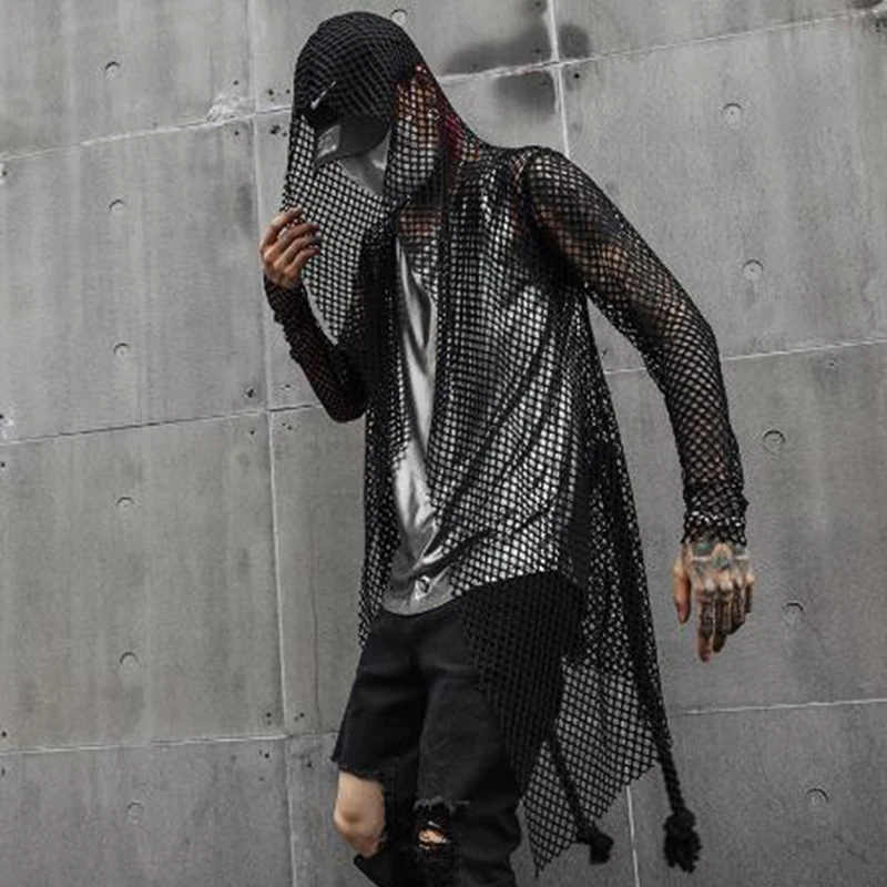 Nightclub DJ singer sexy mesh hip hop punk rock t shirt long tops with waist rope mens harajuku gothic hooded tee shirts cloak