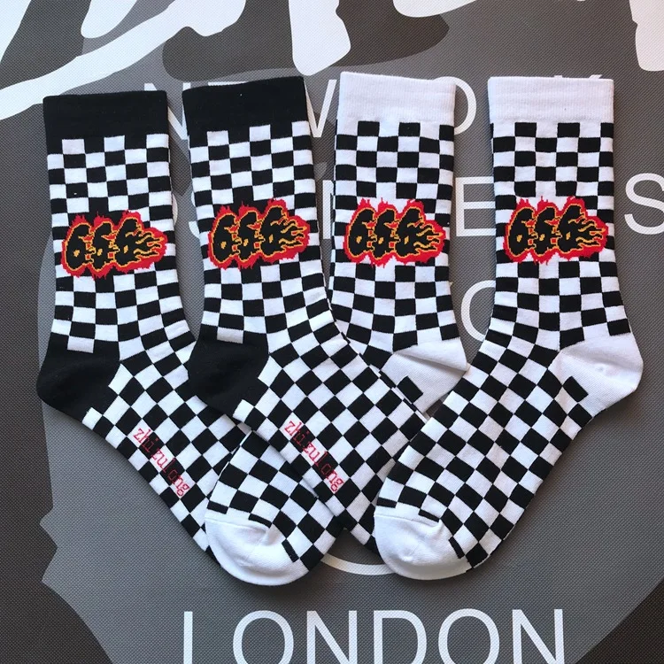 Adult F1 Flag Mid Calf Crew Socks Fire 666 Three Six Flame Check Chess Black White Lattice Terminal Terminus Destination Sock