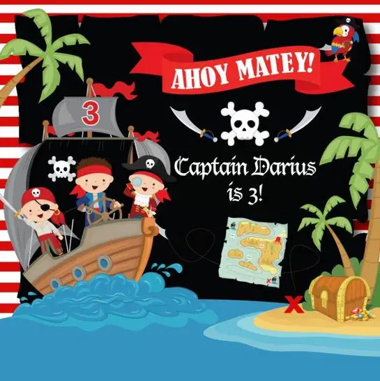 custom Pirate Ship Sea Palm Tree Map Striped Birthday background  High quality Computer print party backdrops