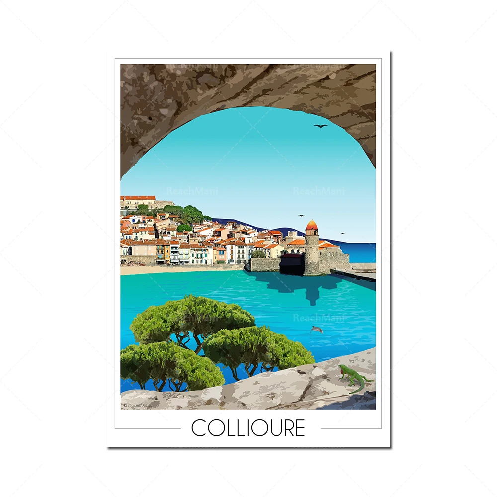 Collioure Village poster • Illustration • Travel Poster • Art Deco • Pyrenees Orientales