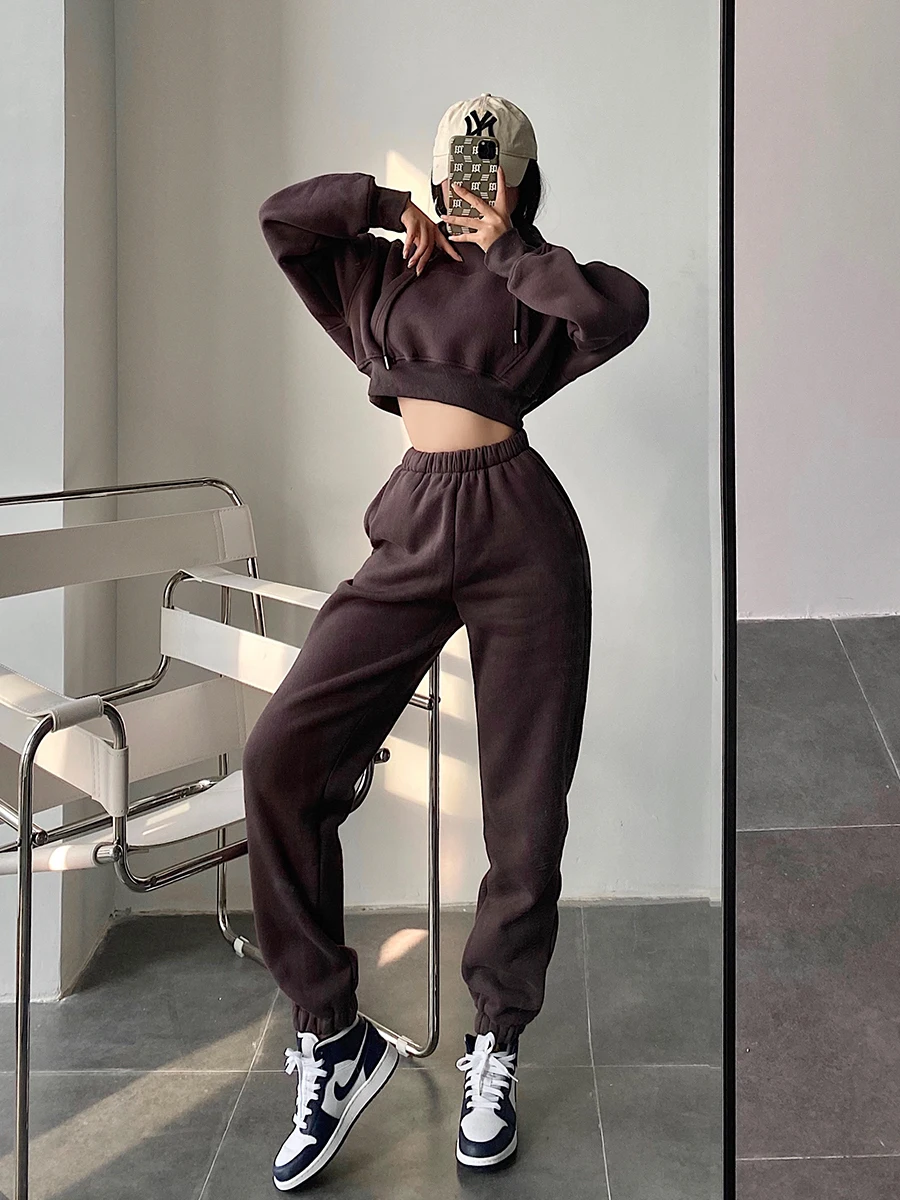 Women Solid Two Piece Jogger Pant Sets Fleece Tracksuit Autumn Winter Warm Sweatpants Hoodies Sweatshirts Sporting Suit Outfits