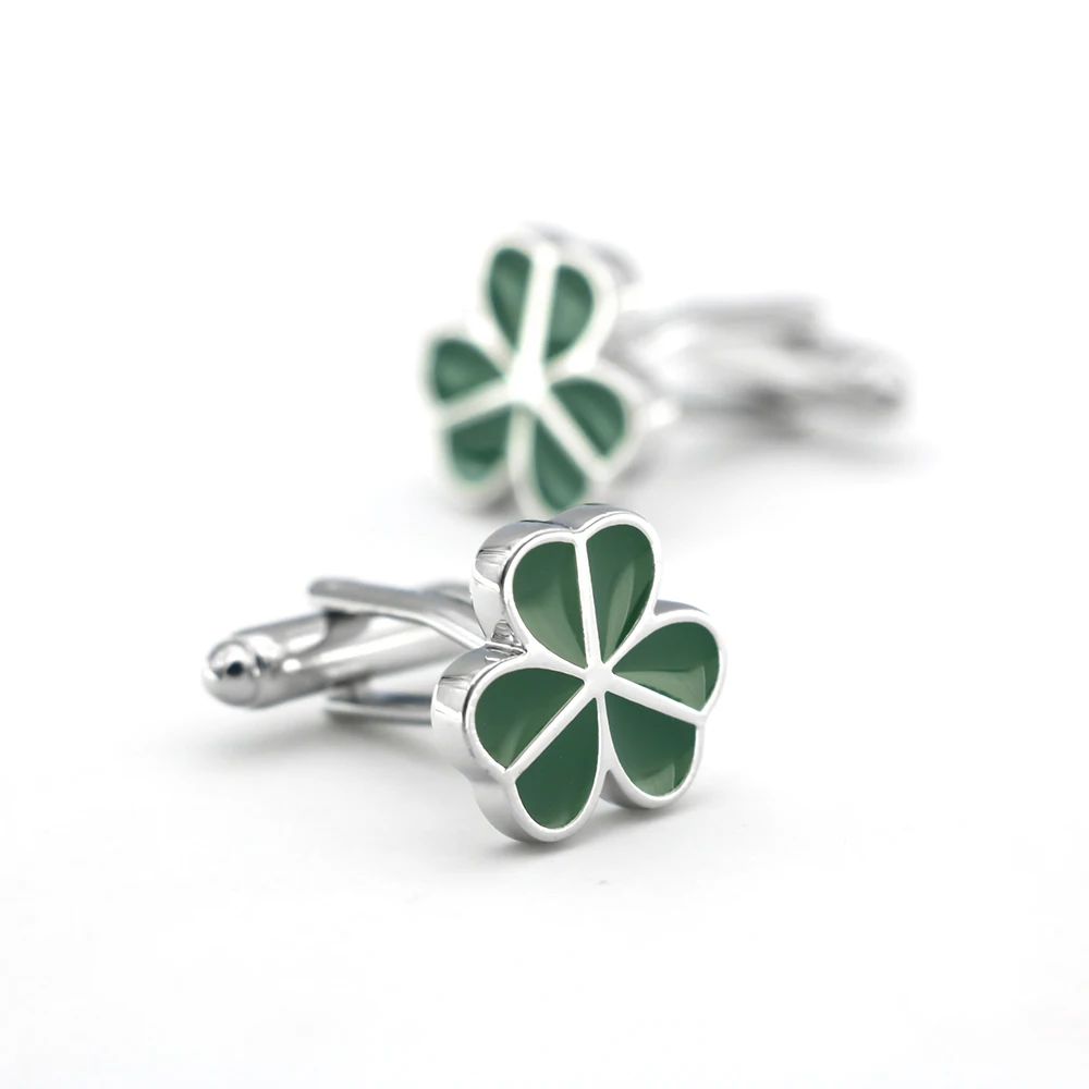 New Arrival Clover Cuff Links Green Color Leaf Design Quality Brass Material Men's Novelty Cufflinks Wholesale & Retail