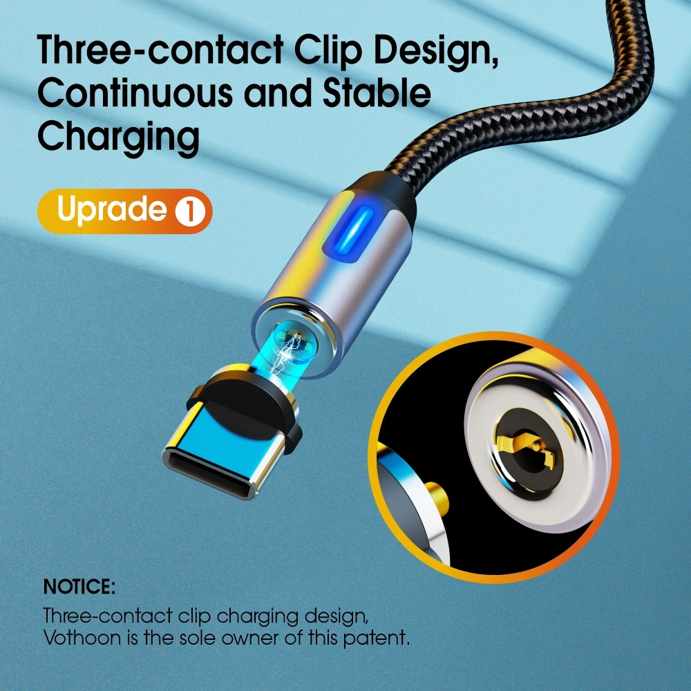 Vothoon 3 in 1 Magnetic Cable Fast Charging Micro USB Type C Cable Magnet Charge Wire Mobile Phone Cable USB C Cord