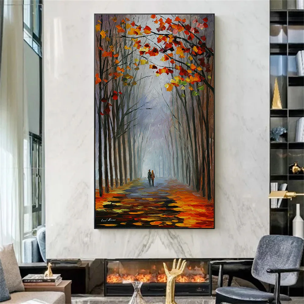 Hand-Painted Wall Art Autumn Morning Landscape Oil Painting On Canvas Hotel Hall Home Decor Thick Birch Maple Leaf Picture