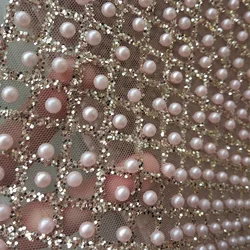 1 Yard 10 Thousand Beads Champagne Gold/Beige/Red/Green Grid Tulle Lace Fabrics For Fashion Lady Dress Lace Beads Put One By One