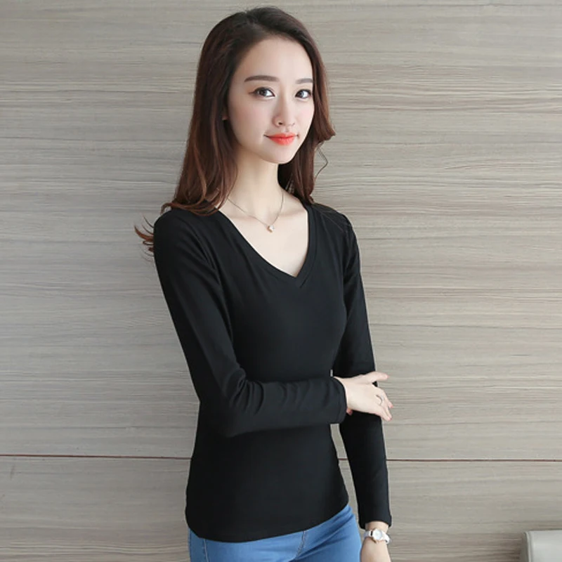 

2022 Black White Ladies Long-sleeve T-shirt Korean V Neck Slim Stretch Casual Bottoming Shirt Solid Color Women Girls Top