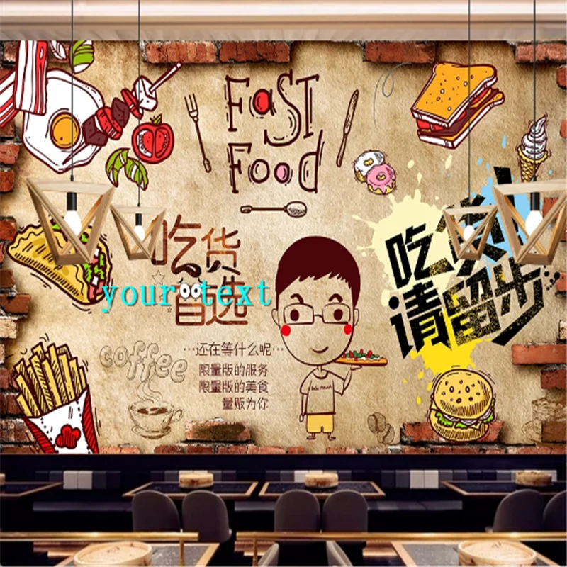 

Hamburger Fries Taco Wall Paper 3D Western Fast Food Restaurant Mural Snack Bar Industrial Decor Wallpaper Sandwiches