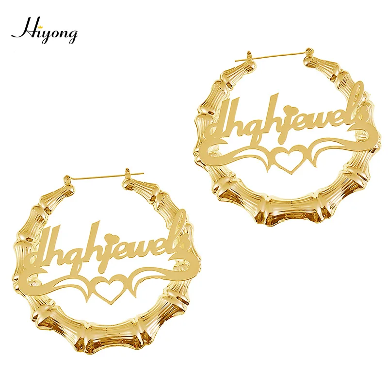 

HIYONG 30mm-100mm Bamboo Hoop Earrings Bamboo Style Custom Earrings Customize Name Earrings Customizable Jewelry Gift for Women