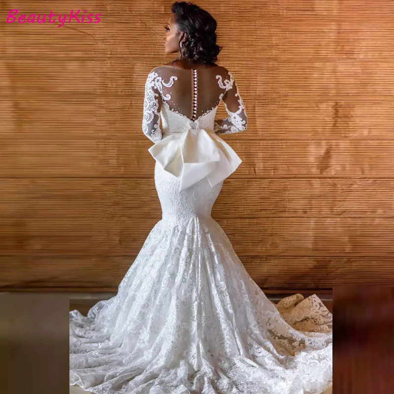 Vestidos de novia de sirena de manga larga africana, cola extraíble, ilusión árabe, Apliques de encaje con cuentas, vestidos de novia de talla grande