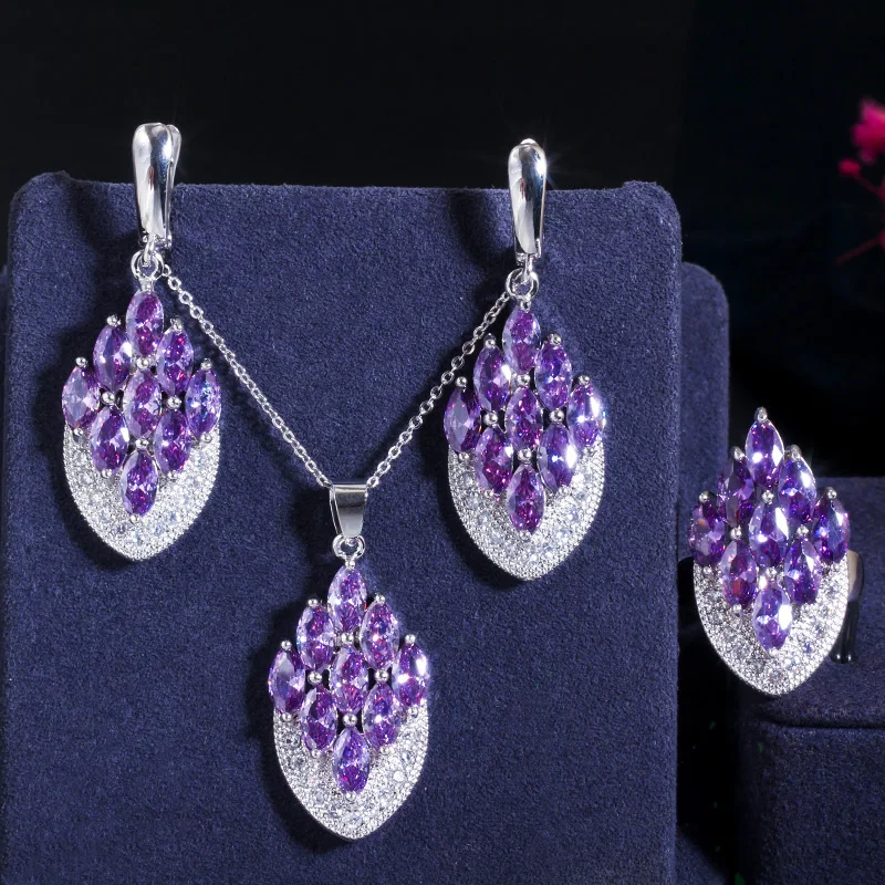 ThreeGraces Natural Light Yellow Cubic Zirconia Silver Color Unique Necklace and Earrings Ring Set Ladies Party Jewelry JS516