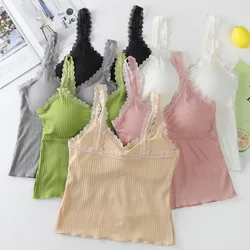 Women Wire Free Removable Pad Cami Top Fixed Wide Scalloped Lace Shoulder Strap Rib Tank Sleep Wear Intimates Daily Inner Top