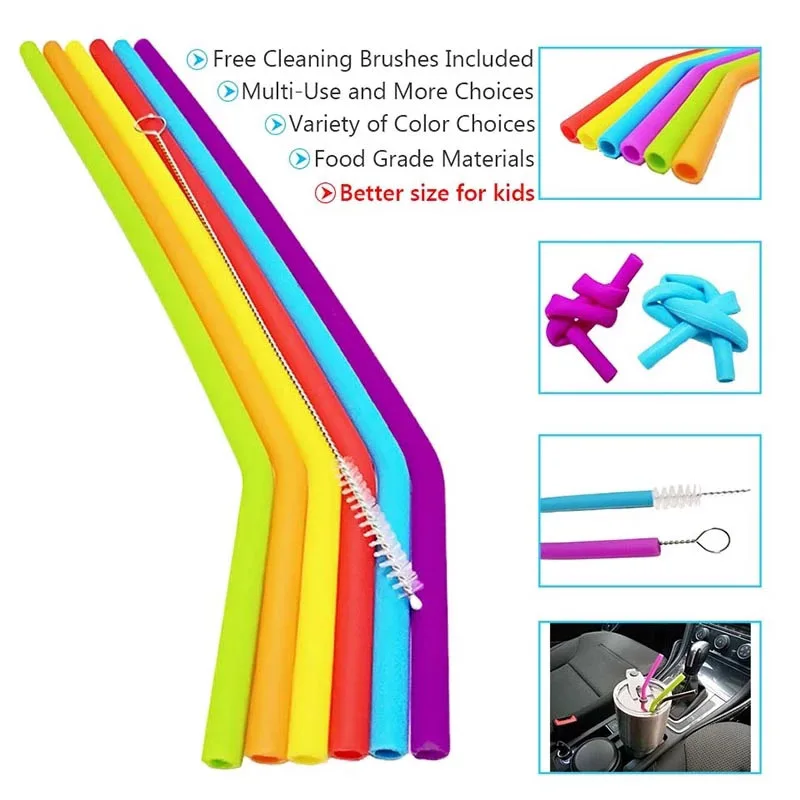 BOZZH 6Pcs Reusable Silicone Drinking Straws Food Grade Silicone Straws Drinking With Cleaning Brush Party Straws BPA Free