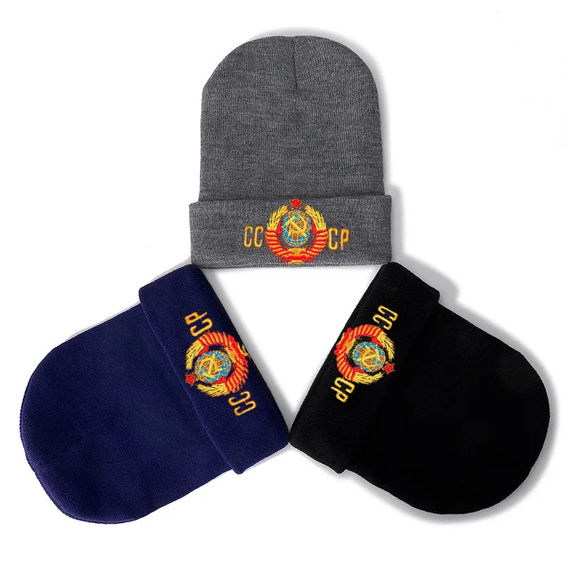 New Unisex Soviet National Emblem Beanie Casual Winter Hat For Men Women Warm Knitted Hat Solid Color CCCP Beanie Hat