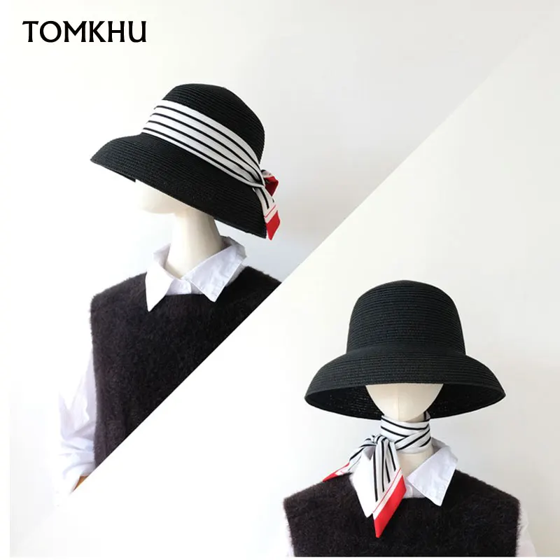 

TOMKHU Elegant Vintage French Hepburn Black Mesh Red Straw Hat UV Beach Hat Female Summer Big Brim Vacation Women Sun Cap